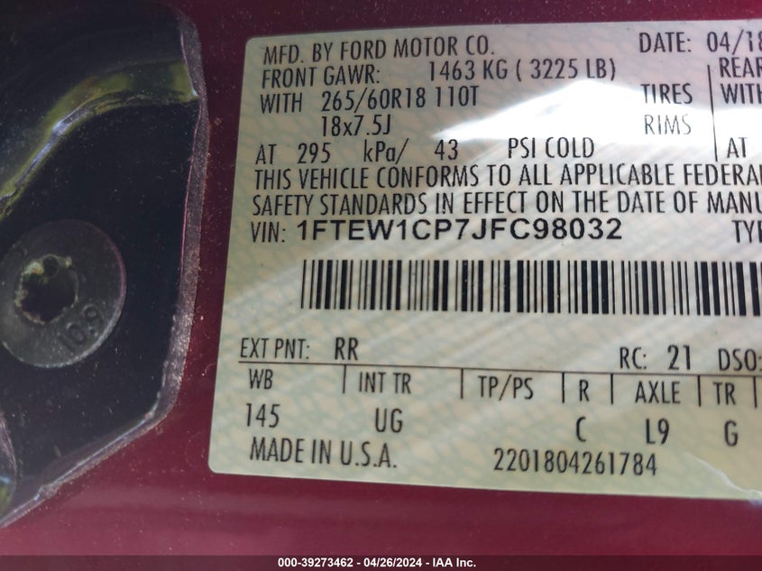 VIN 1FTEW1CP7JFC98032 2018 FORD F-150 XLT