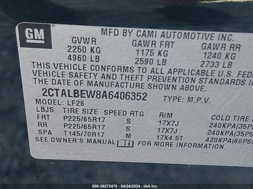 2010 GMC Terrain Sle-1 VIN: 2CTALBEW8A6406352 Lot: 39273478