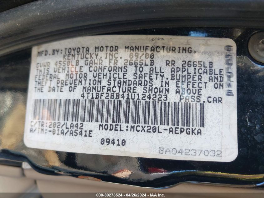 4T1BF28B41U124223 2001 Toyota Avalon Xls