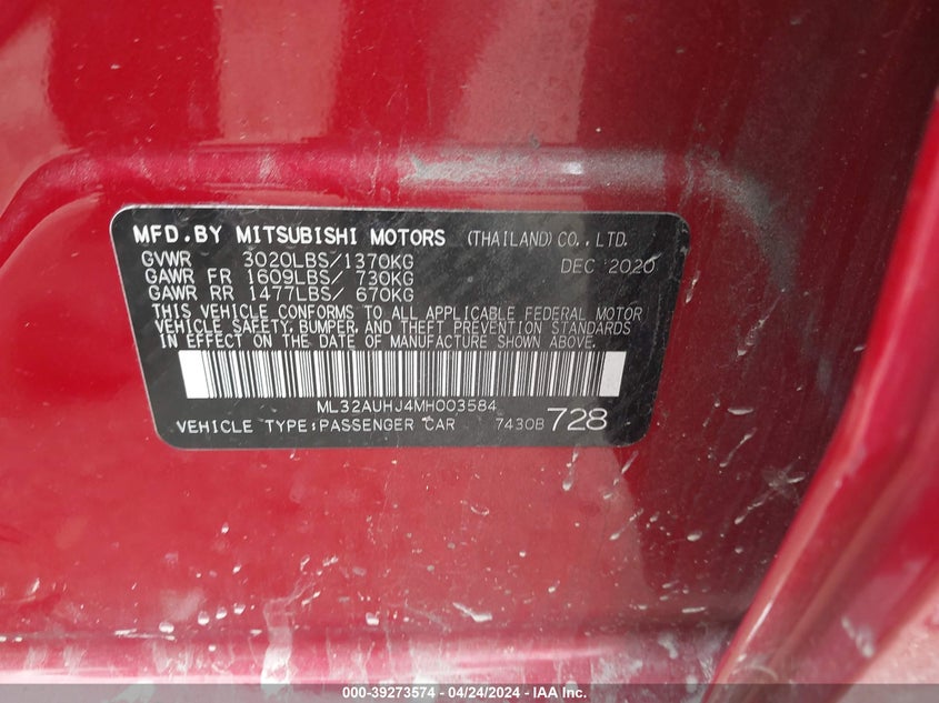 2021 MITSUBISHI MIRAGE ES/LE/CARBONITE EDITION - ML32AUHJ4MH003584