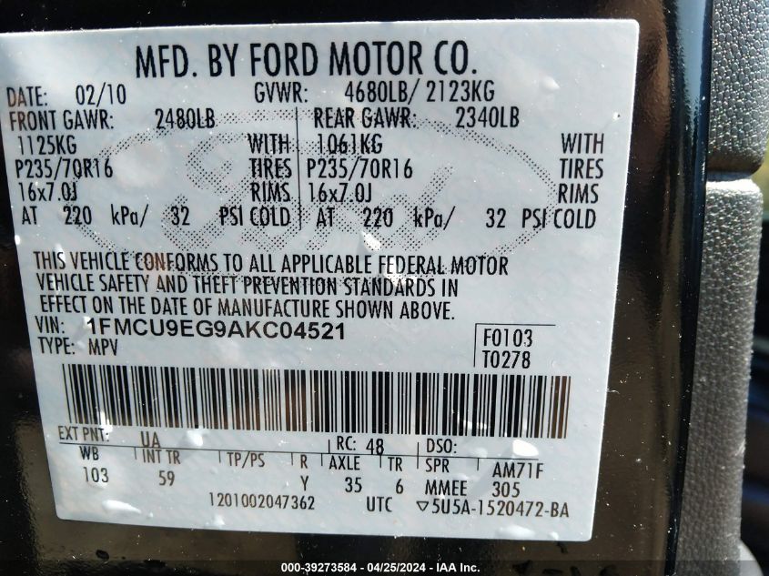 2010 Ford Escape Limited VIN: 1FMCU9EG9AKC04521 Lot: 39273584