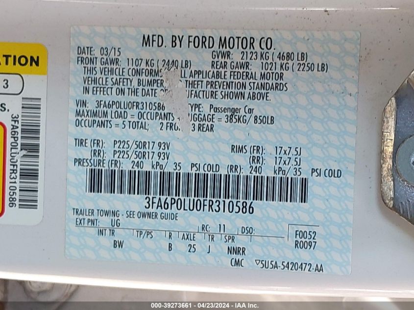 3FA6P0LU0FR310586 | 2015 FORD FUSION HYBRID