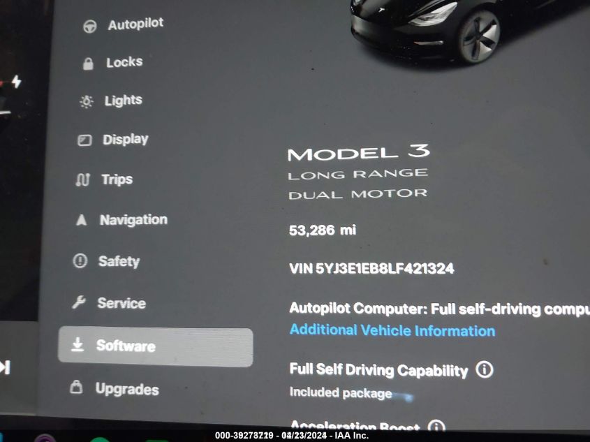 2020 Tesla Model 3 Long Range VIN: 5YJ3E1EB8LF421324 Lot: 39273719