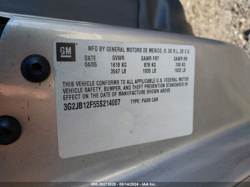 2005 Pontiac Sunfire VIN: 3G2JB12F55S214007 Lot: 39273820