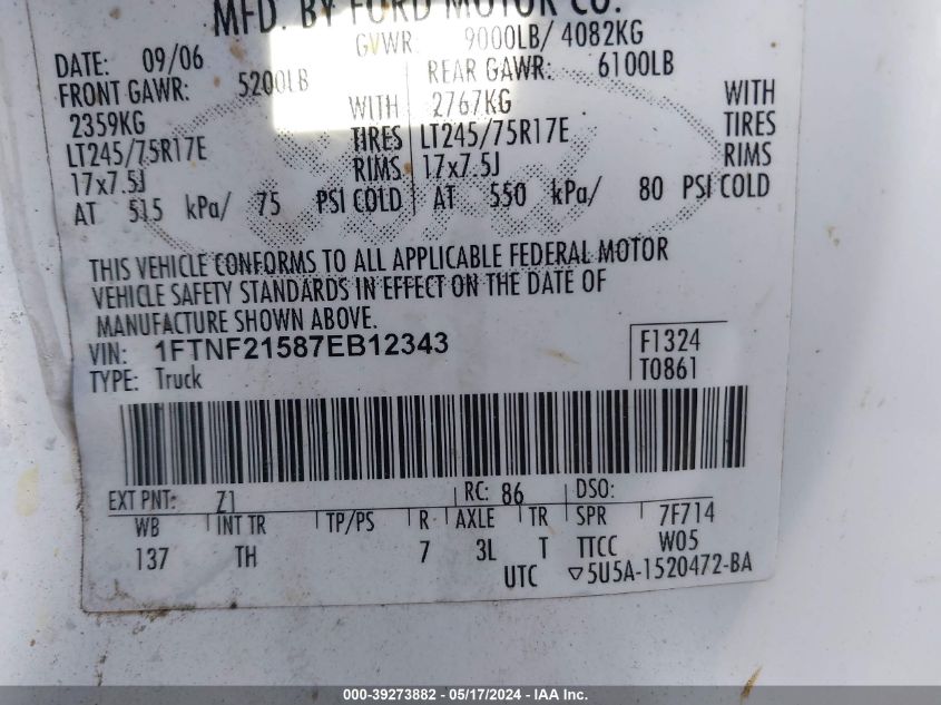 2007 Ford F-250 Xl/Xlt VIN: 1FTNF21587EB12343 Lot: 39273882