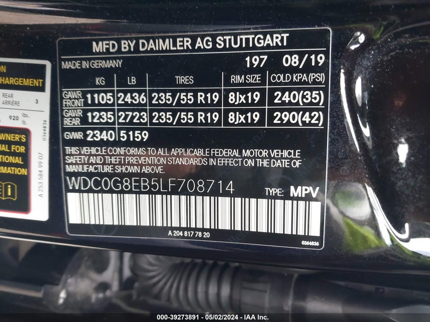 2020 MERCEDES-BENZ GLC 300 VIN: WDC0G8EB5LF708714