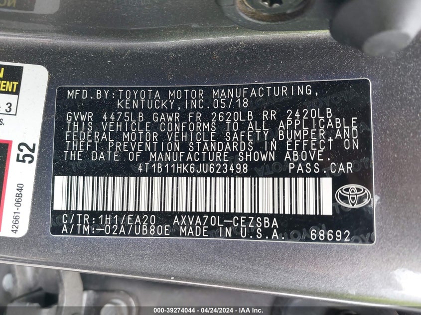 2018 TOYOTA CAMRY SE - 4T1B11HK6JU623498
