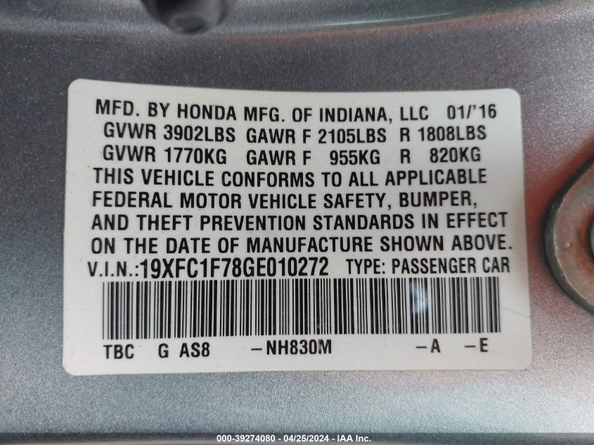 2016 Honda Civic Ex-L VIN: 19XFC1F78GE010272 Lot: 39274080