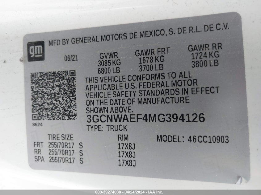 2021 CHEVROLET SILVERADO 5.3L V8 FI OHV 16V N(VIN: 3GCNWAEF4MG394126