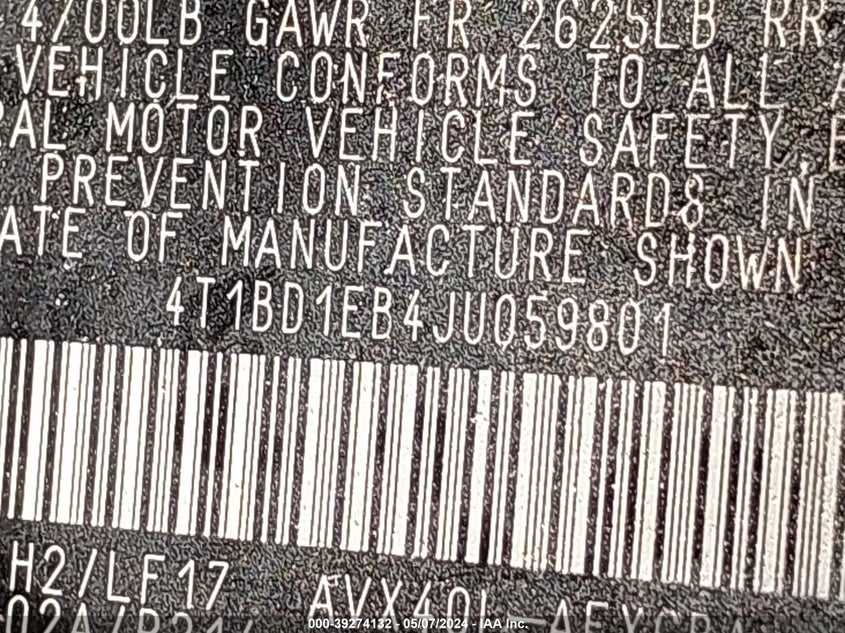 VIN 4T1BD1EB4JU059801 2018 TOYOTA AVALON HYBRID XLE