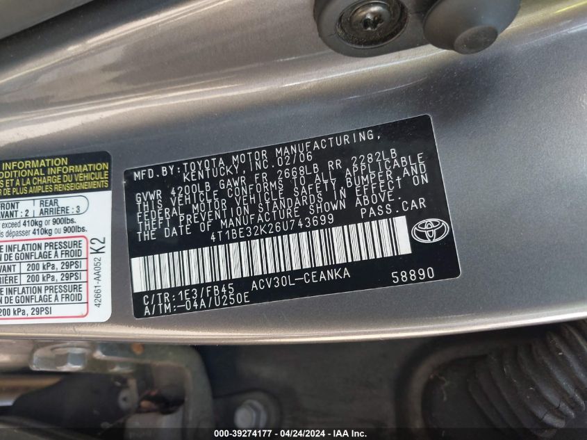 4T1BE32K26U743699 | 2006 TOYOTA CAMRY