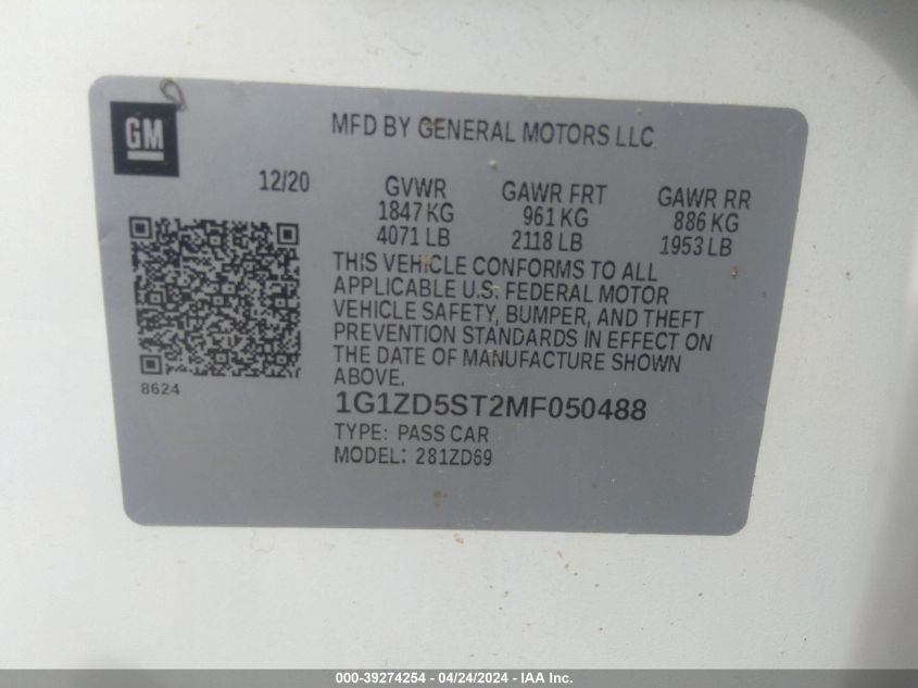 1G1ZD5ST2MF050488 | 2021 CHEVROLET MALIBU