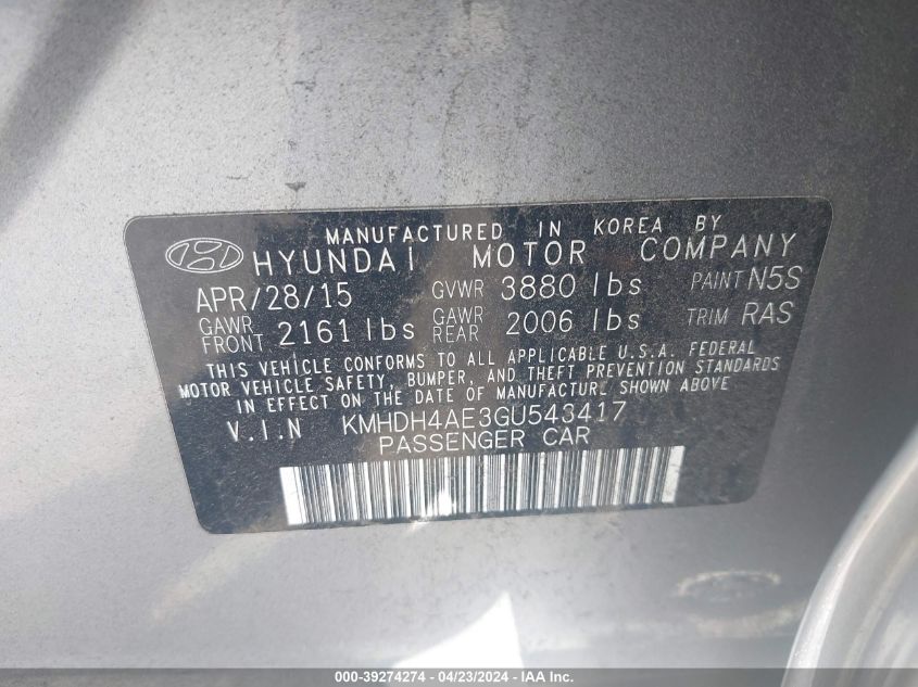 KMHDH4AE3GU543417 | 2016 HYUNDAI ELANTRA