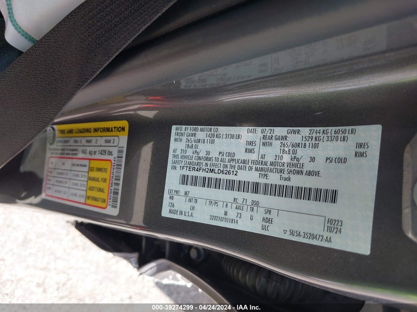 2021 FORD RANGER 2.3L I-4 DI, DOHC, V(VIN: 1FTER4FH2MLD62612