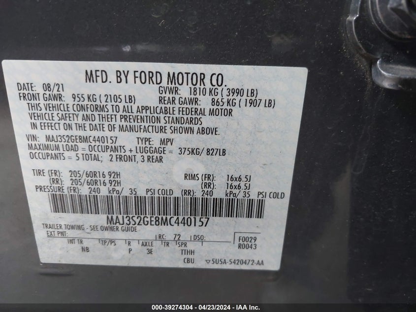 VIN MAJ3S2GE8MC440157 2021 FORD ECOSPORT SE