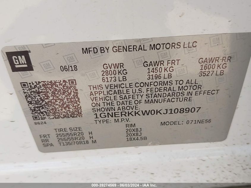 2019 Chevrolet Traverse Premier VIN: 1GNERKKW0KJ108907 Lot: 39274569