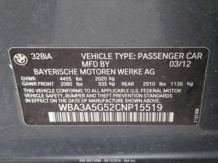 2012 BMW 328I VIN: WBA3A5G52CNP15519 Lot: 39274598