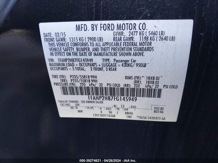 1FAHP2H87FG145949 | 2015 FORD TAURUS