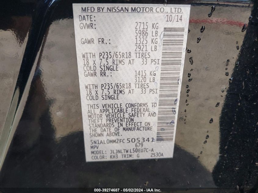 2015 Infiniti Qx60 VIN: 5N1AL0MM2FC505341 Lot: 43444172