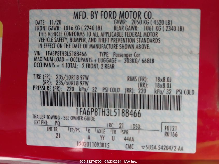 1FA6P8TH3L5188466 | 2020 FORD MUSTANG