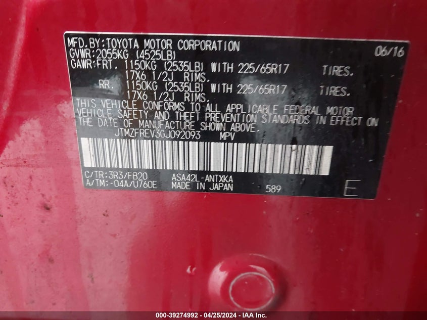 2016 TOYOTA RAV4 - JTMCSREV3CJ092093