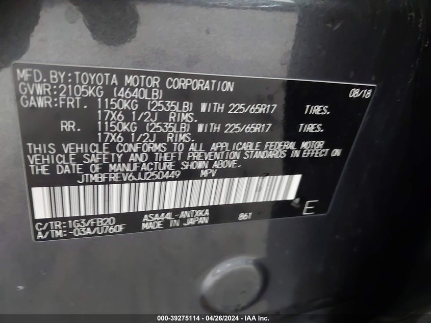 2018 TOYOTA RAV4 LE - JTMBFREV6JJ250449