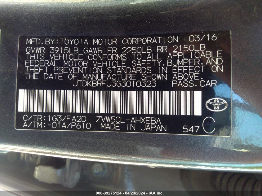 JTDKBRFU3G3010323 | 2016 TOYOTA PRIUS