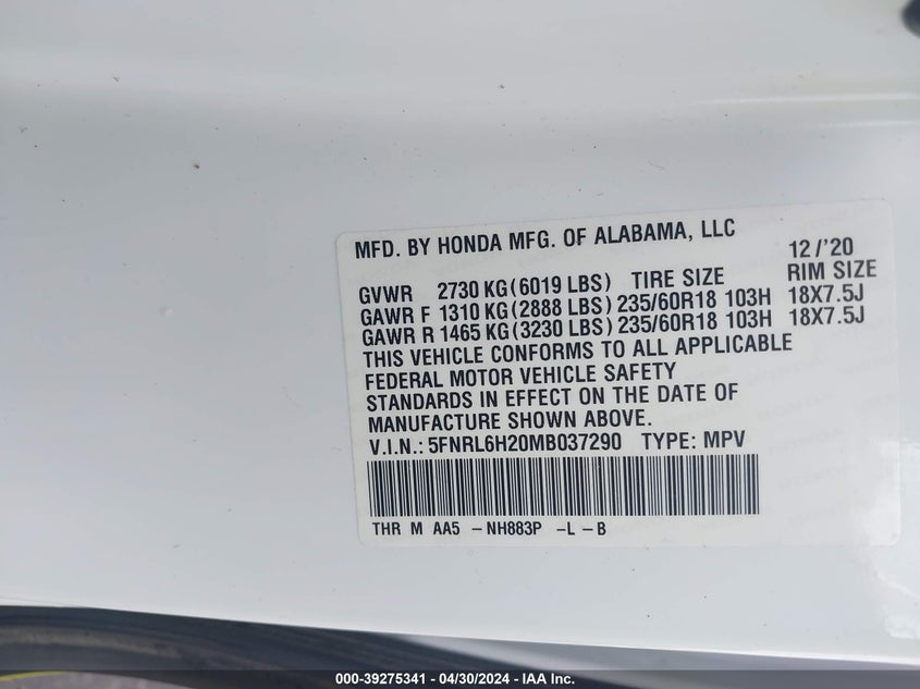 2021 HONDA ODYSSEY 3.5L V-6 DI, VVT, 28(VIN: 5FNRL6H20MB037290