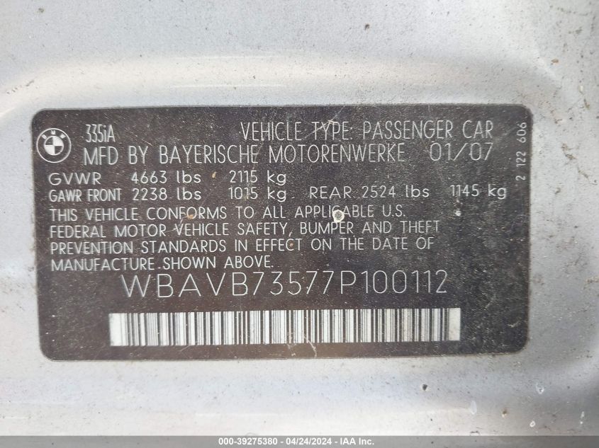 WBAVB73577P100112 | 2007 BMW 335I