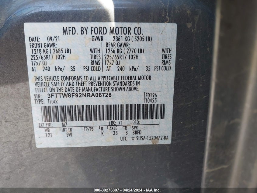 VIN 3FTTW8F92NRA06728 2022 FORD MAVERICK XL