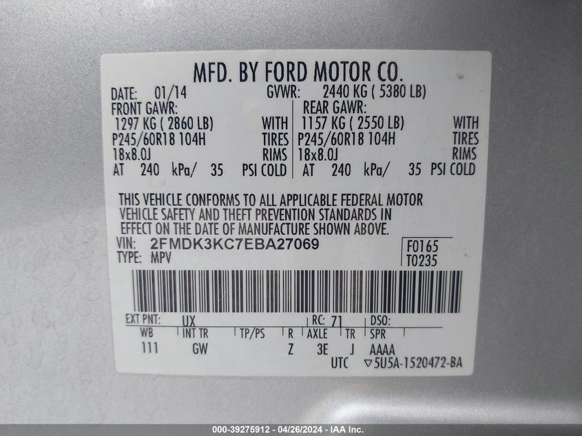 2014 FORD EDGE LIMITED - 2FMDK3KC7EBA27069