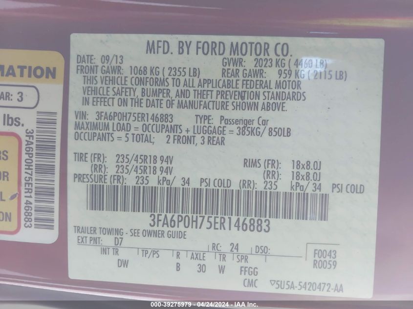 3FA6P0H75ER146883 | 2014 FORD FUSION