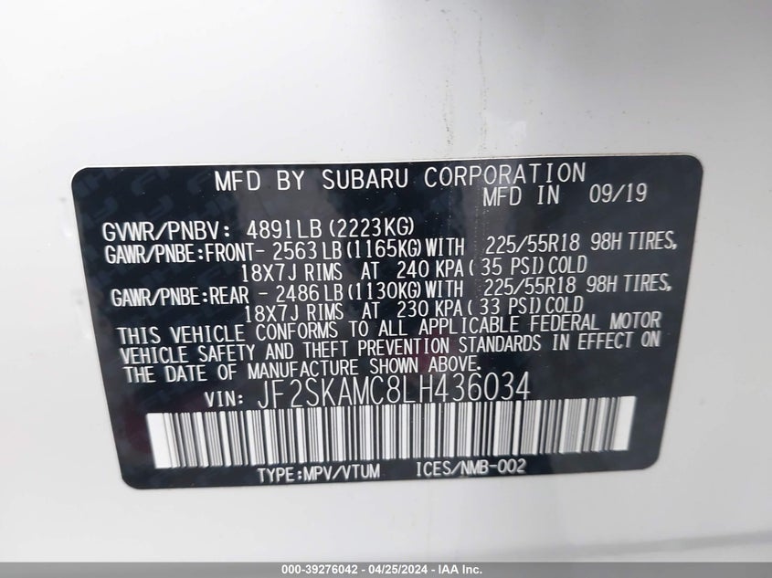 VIN JF2SKAMC8LH436034 2020 SUBARU FORESTER SPORT