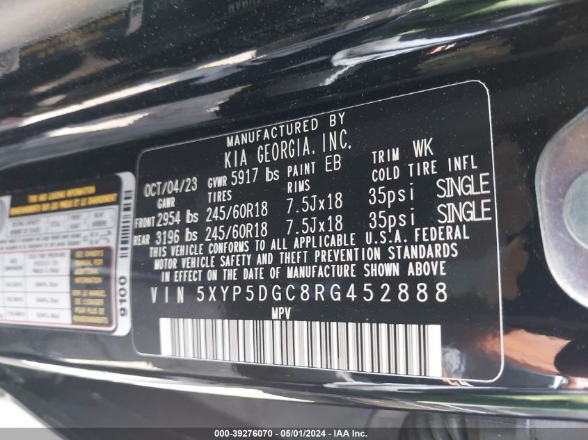 2024 Kia Telluride Sx Prestige X-Pro VIN: 5XYP5DGC8RG452888 Lot: 39276070