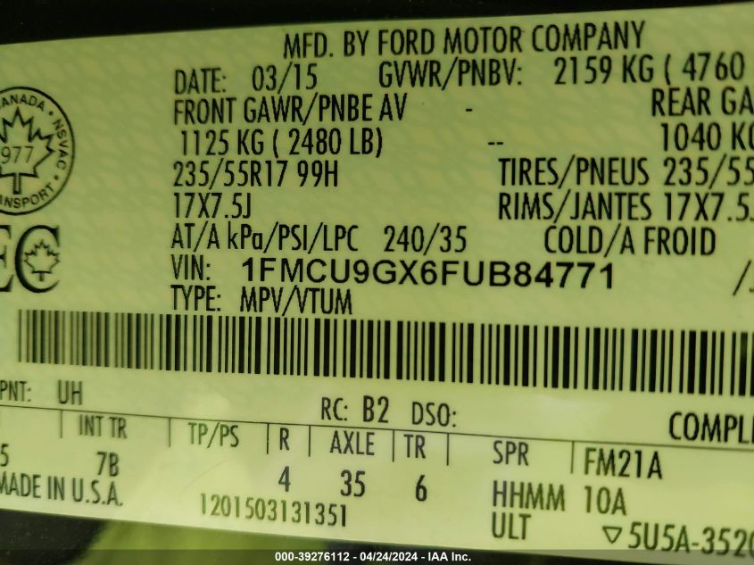 2015 Ford Escape Se VIN: 1FMCU9GX6FUB84771 Lot: 39276112