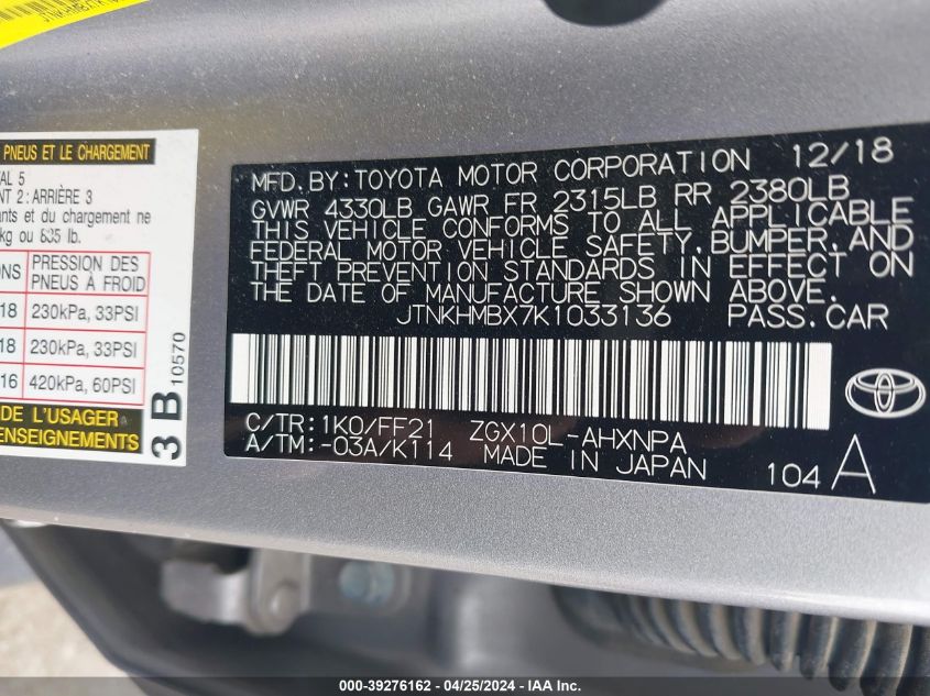 JTNKHMBX7K1033136 2019 Toyota C-Hr Xle