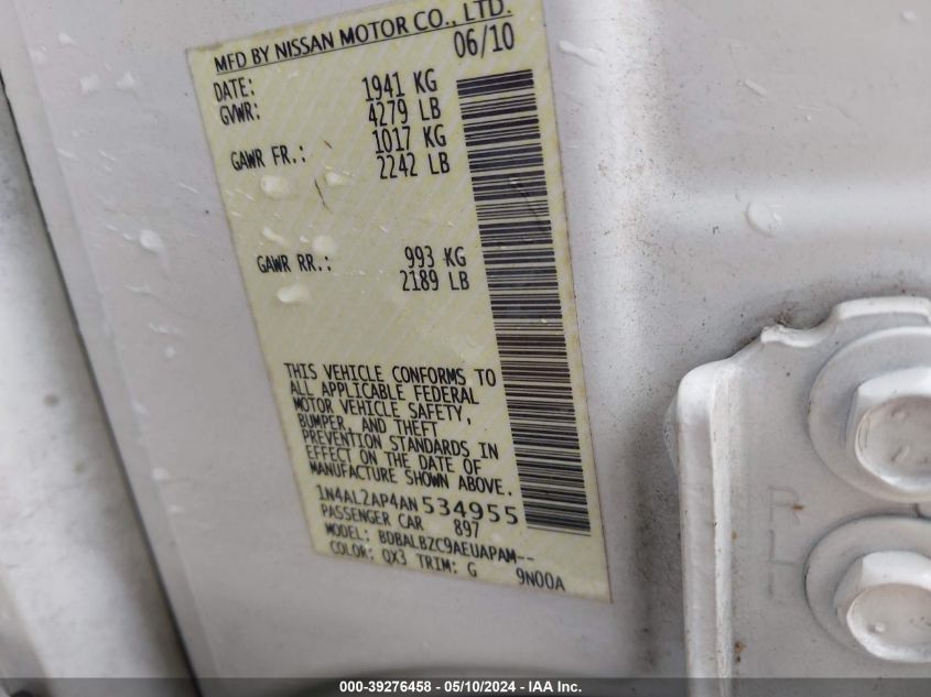 2010 Nissan Altima 2.5 S VIN: 1N4AL2AP4AN534955 Lot: 39276458