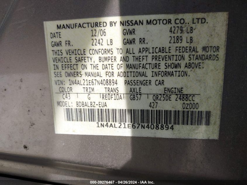 1N4AL21E67N408894 2007 Nissan Altima 2.5 S