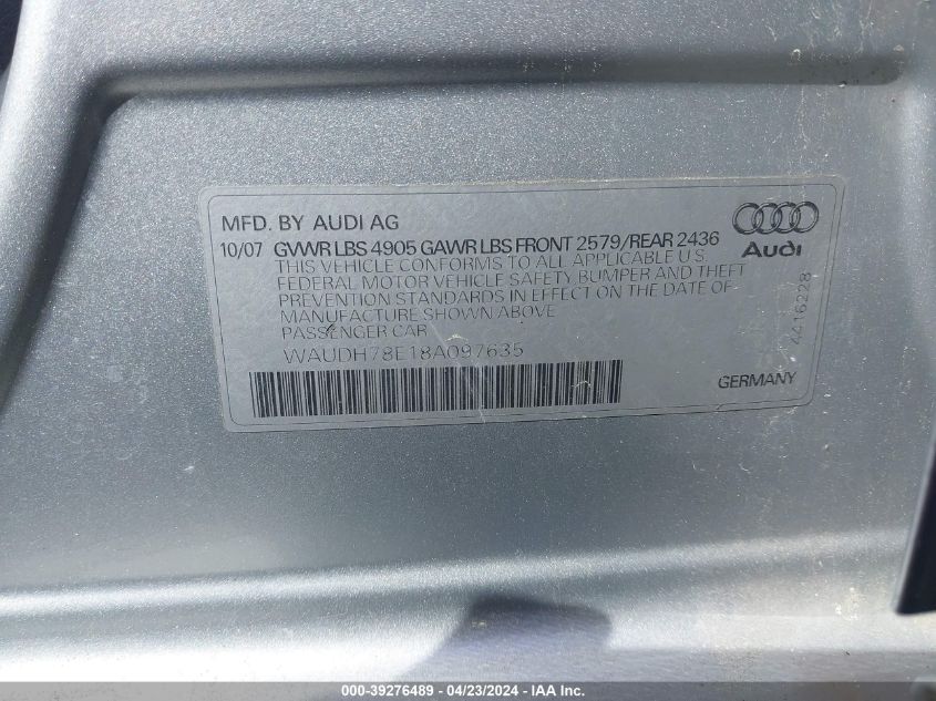 WAUDH78E18A097635 | 2008 AUDI A4