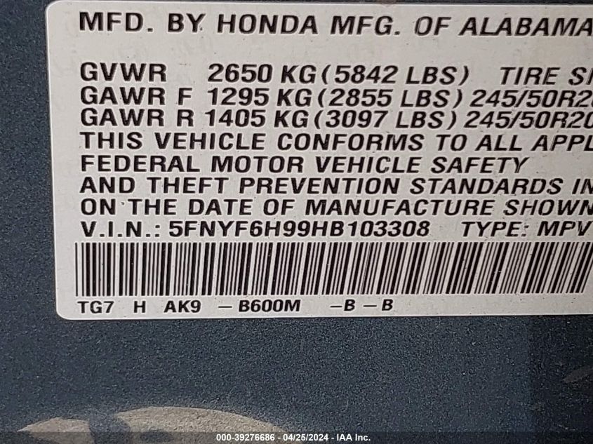 2017 Honda Pilot Touring VIN: 5FNYF6H99HB103308 Lot: 39276686