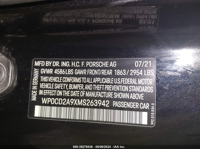 2021 PORSCHE 911 TURBO CABRIOLET VIN: WP0CD2A9XMS263942