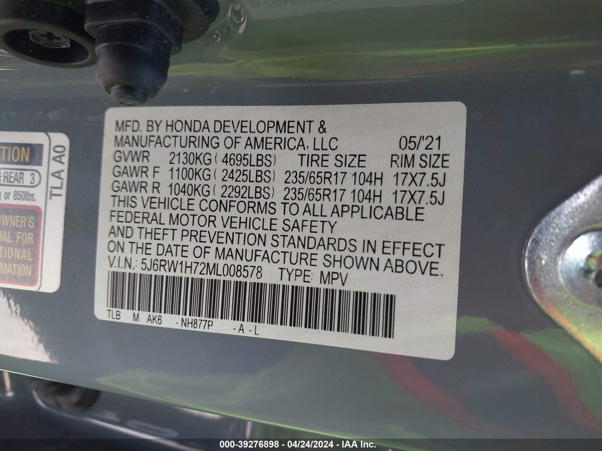 VIN 5J6RW1H72ML008578 2021 HONDA CR-V SE