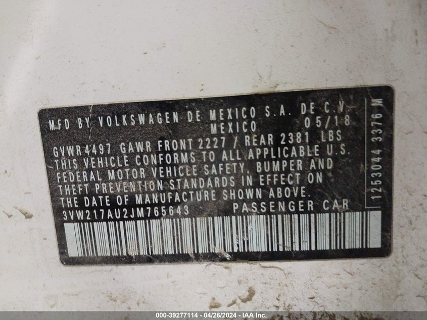 2018 VOLKSWAGEN GOLF SPORTWAGEN TSI S - 3VW217AU2JM765643