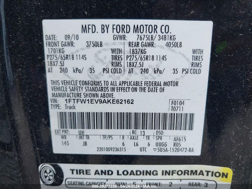 1FTFW1EV9AKE62162 | 2010 FORD F-150