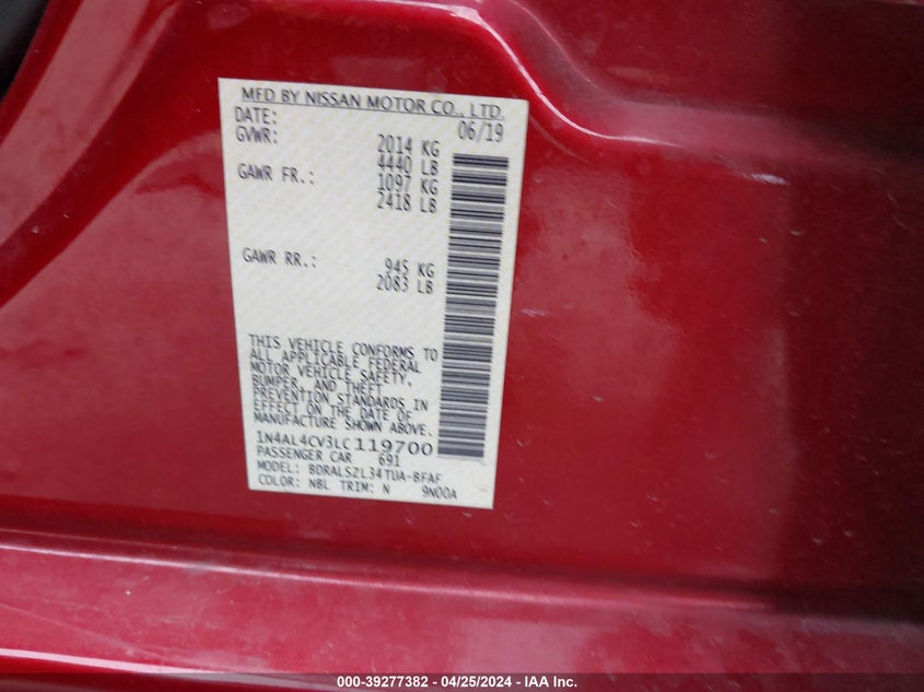 VIN 1N4AL4CV3LC119700 2020 NISSAN ALTIMA SR