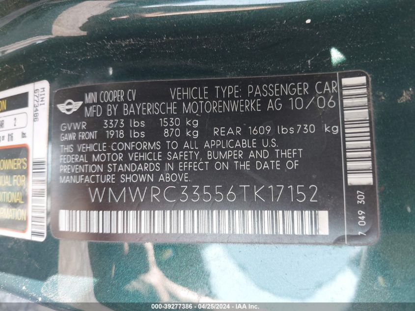 WMWRC33556TK17152 | 2006 MINI COOPER