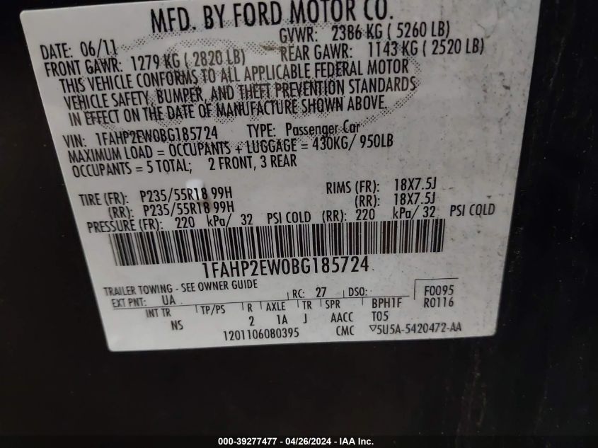 1FAHP2EW0BG185724 2011 Ford Taurus Sel