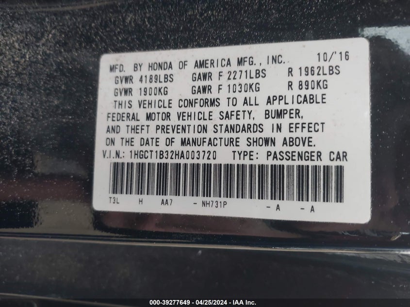 2017 HONDA ACCORD VIN: 1HGCT1B32HA003720