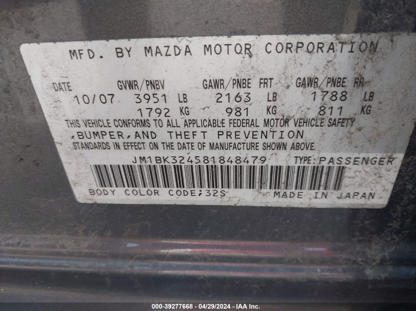 JM1BK324581848479 | 2008 MAZDA MAZDA3