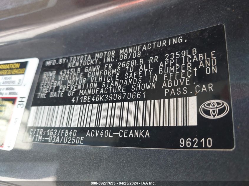 4T1BE46K39U870661 | 2009 TOYOTA CAMRY